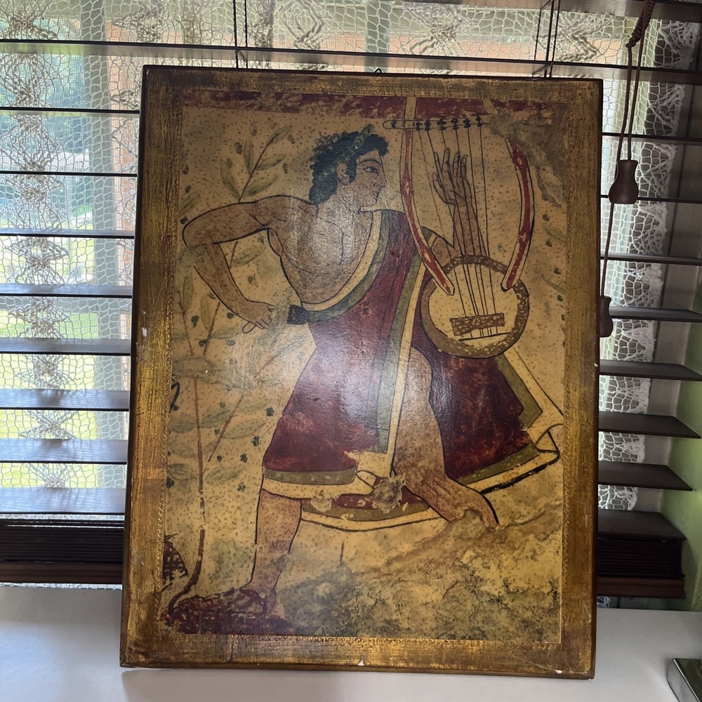 Vintage 1960s Mid Century Italian Etruscan Lyre Player Wood Wall Plaque Art 1235